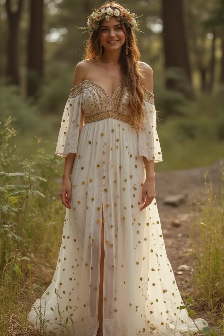 Boho White Polka Dot Wedding Dress