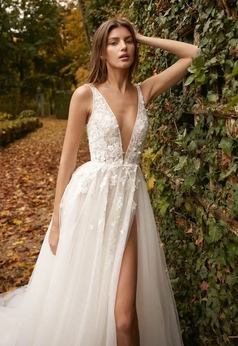 Daring White V-Neck Wedding Dress