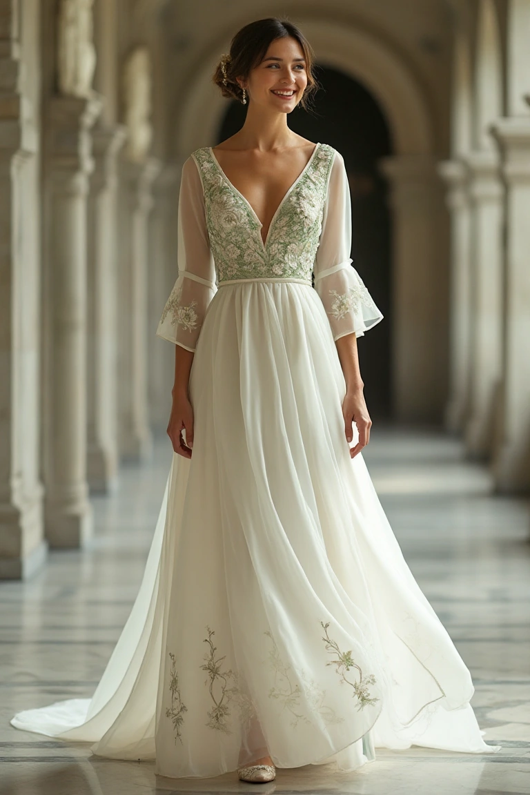 Delicate White V-Neck Wedding Dress