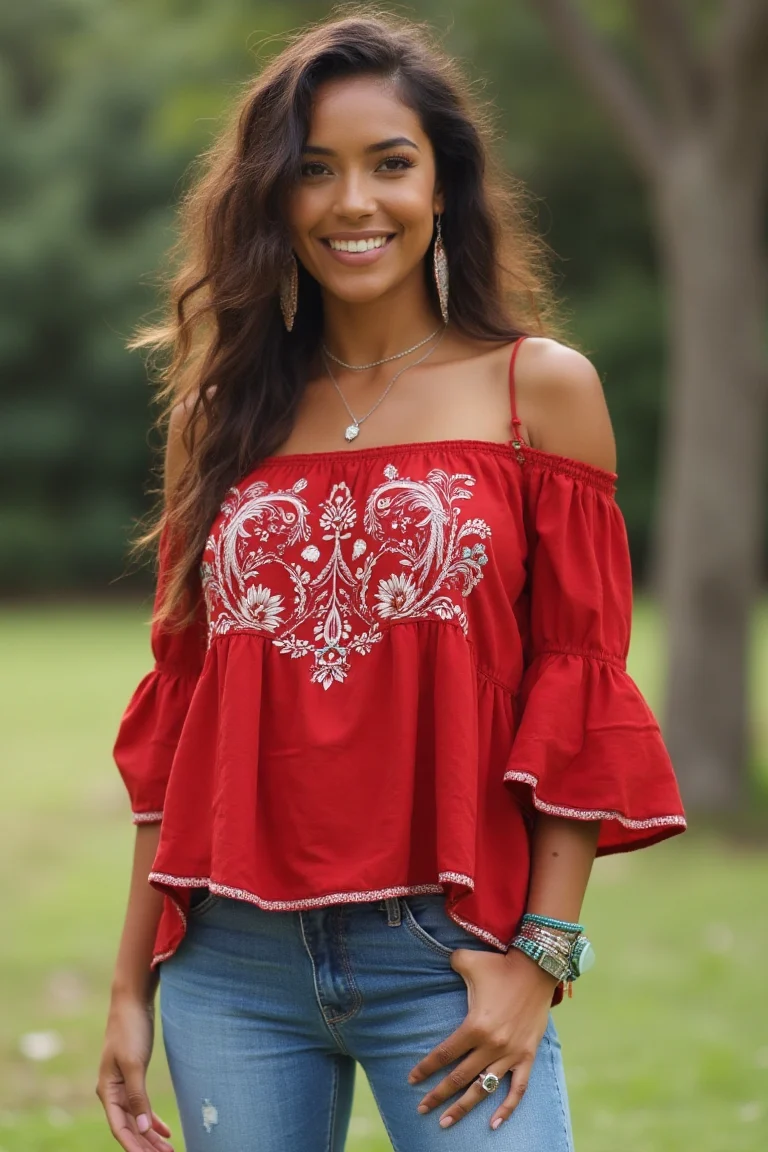 Embroidered Red Charm Summer Memorial Day Outfit for Women