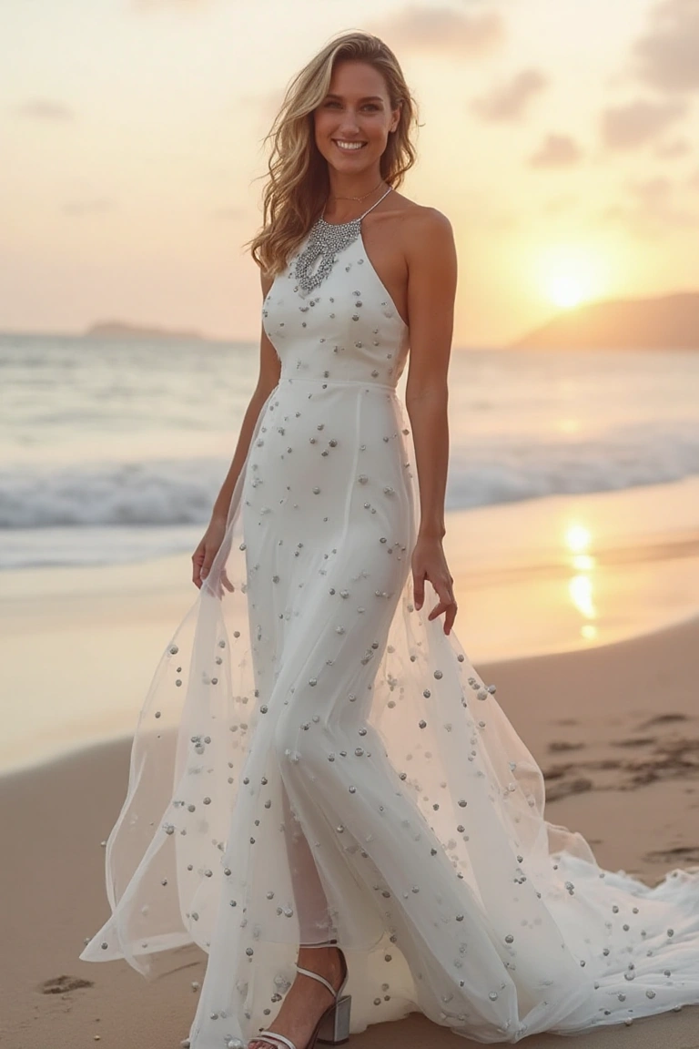 Ethereal Sunset White Polka Dot Wedding Dress