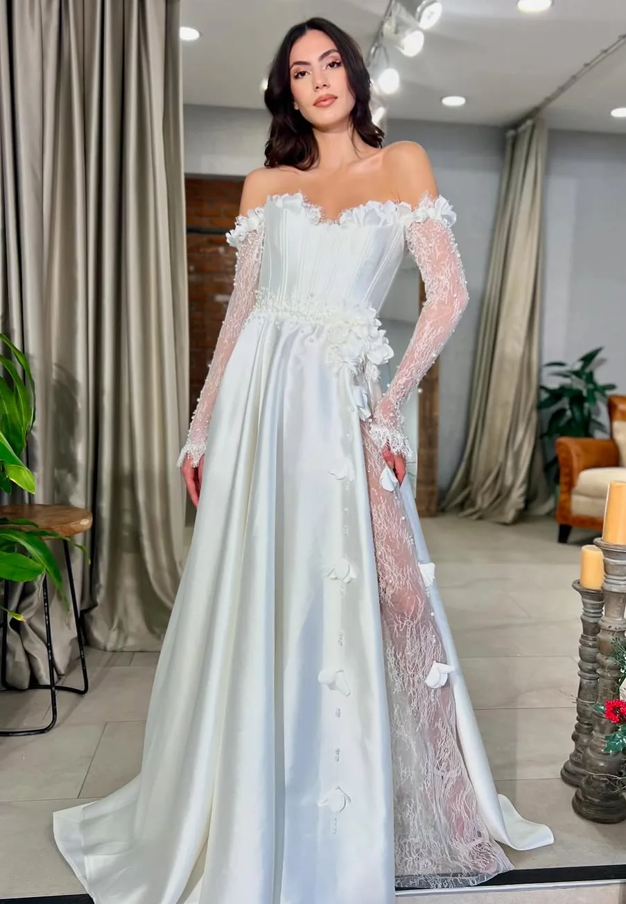 Floral White Satin Wedding Dress