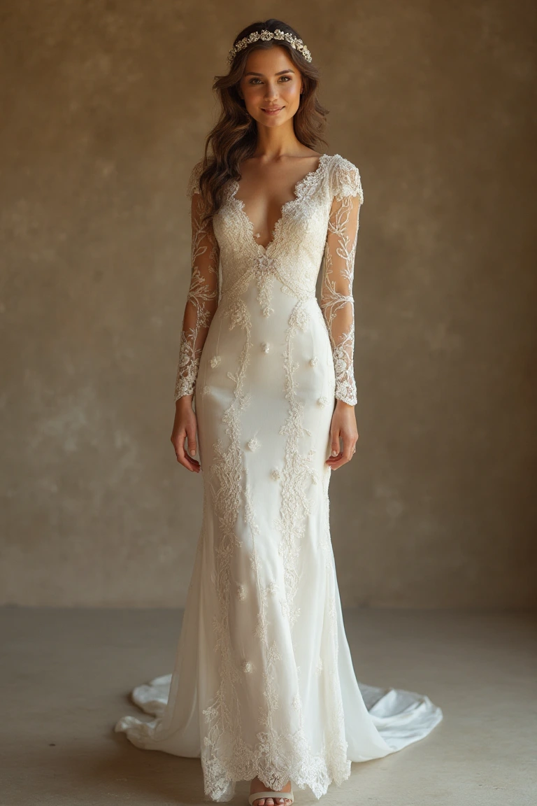 Intricate White V-Neck Wedding Dress