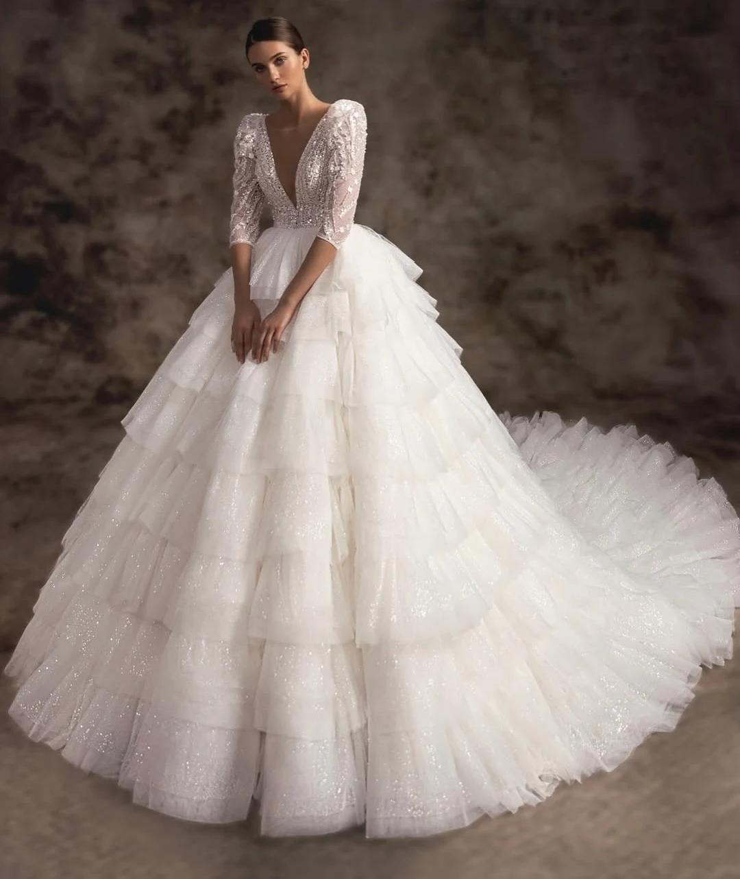 Ivory Layered Ballgown with Crystal Accents