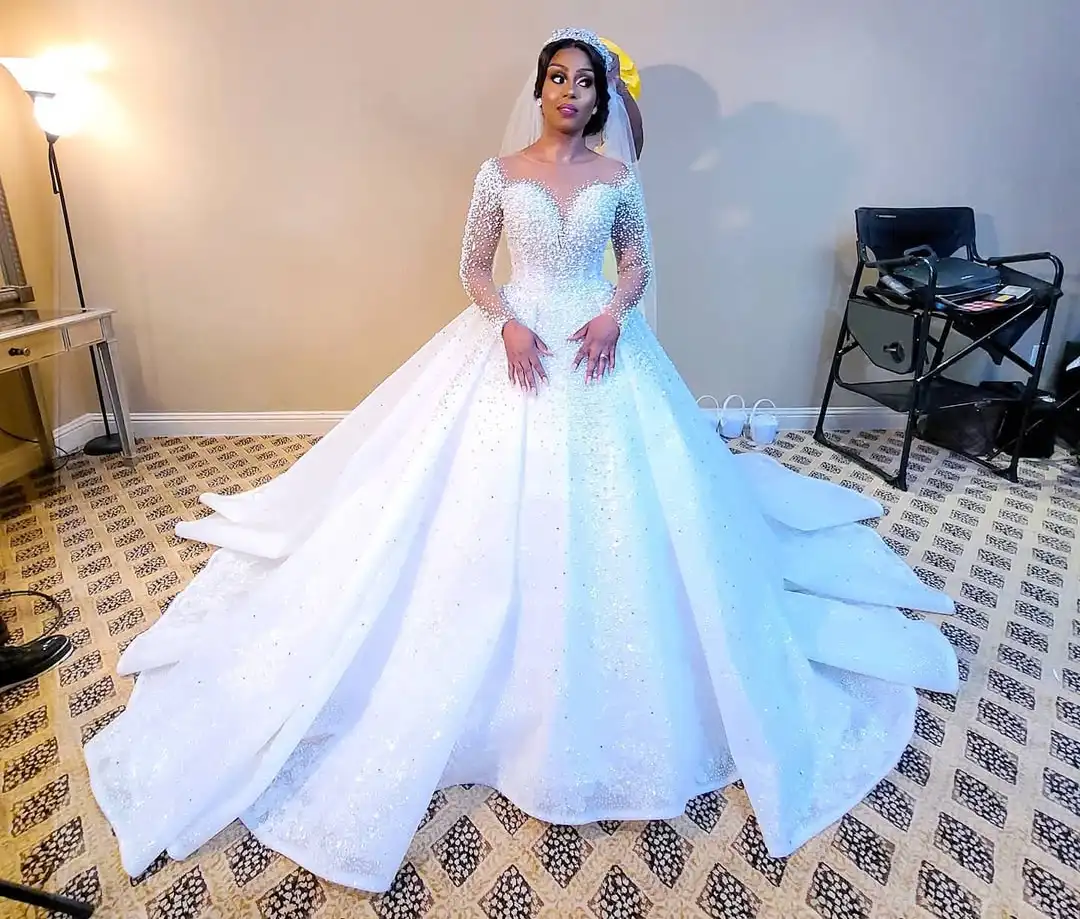 Long-Sleeved Beaded Crystal Ballgown A Universe of Subtle Sparkle