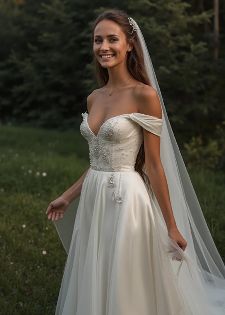 Nature-Inspired Ethereal White Satin Wedding Dress