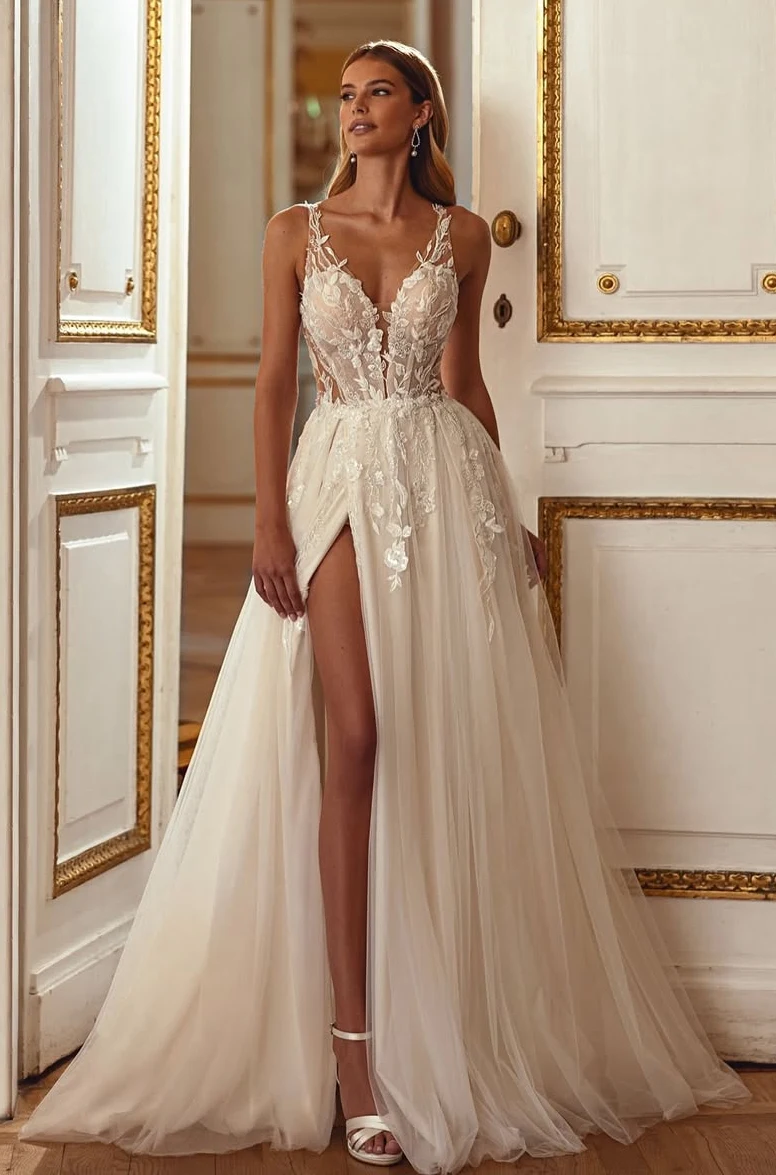 Opulent Cream V-Neck Wedding Dress