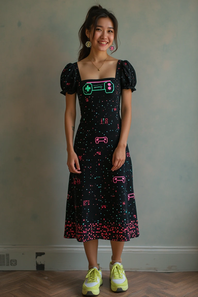 Playful Party Dress with Nostalgic Pixels