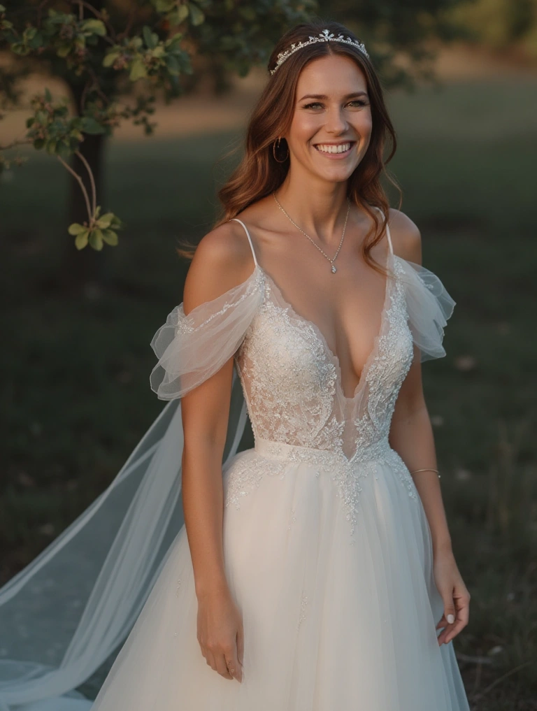 Romantic Off-Shoulder V-Neck Wedding Dress