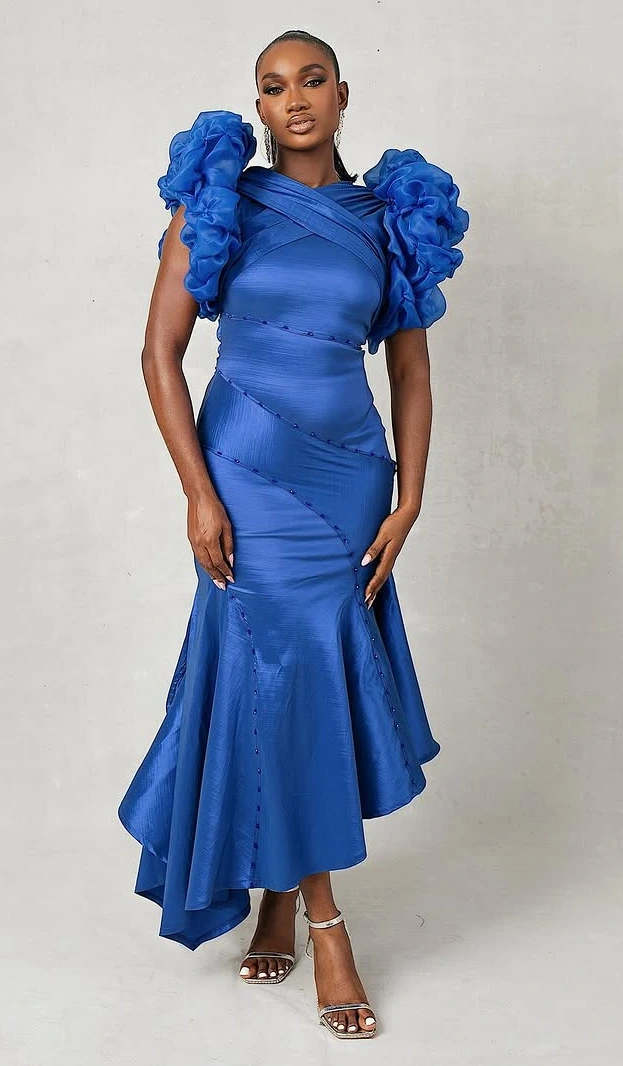 Ruffled Blue Midi Party Dresses for Bold Elegance