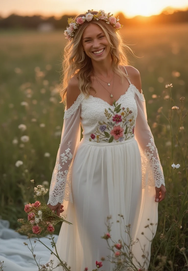 The Long Sleeve Wedding Dress in a Sunset Meadow