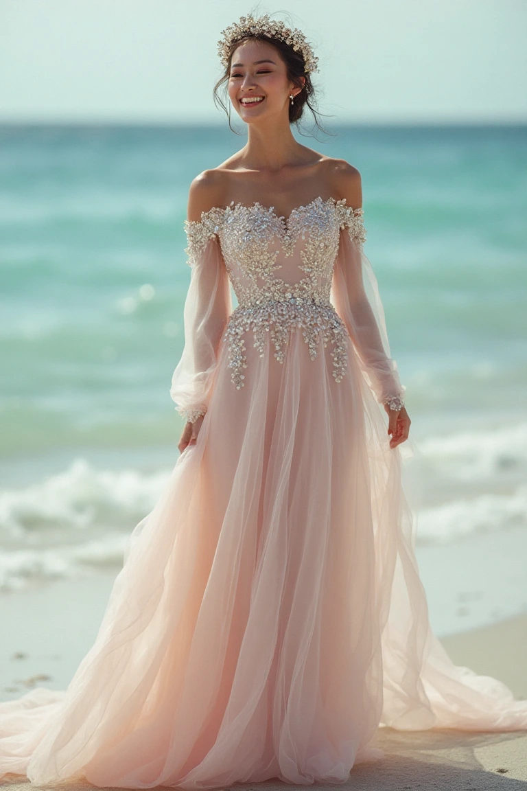 The Sequin-Enhanced Wedding Dress as a Beachside Dream