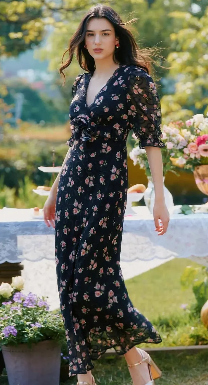 A Dark Floral Maxi Dress for Memorable Milestones
