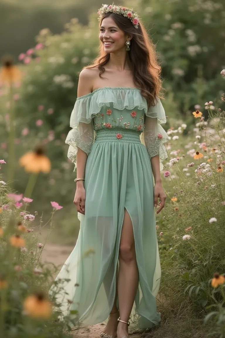 Ethereal Mint Embroidery Spring Casual Tea Party Outfit