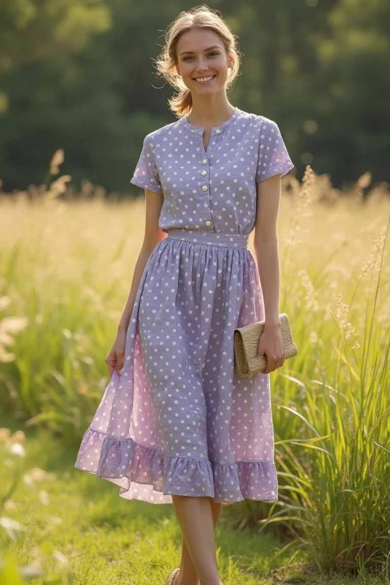 Gentle Lavender Dots Summer Casual Tea Party Outfit