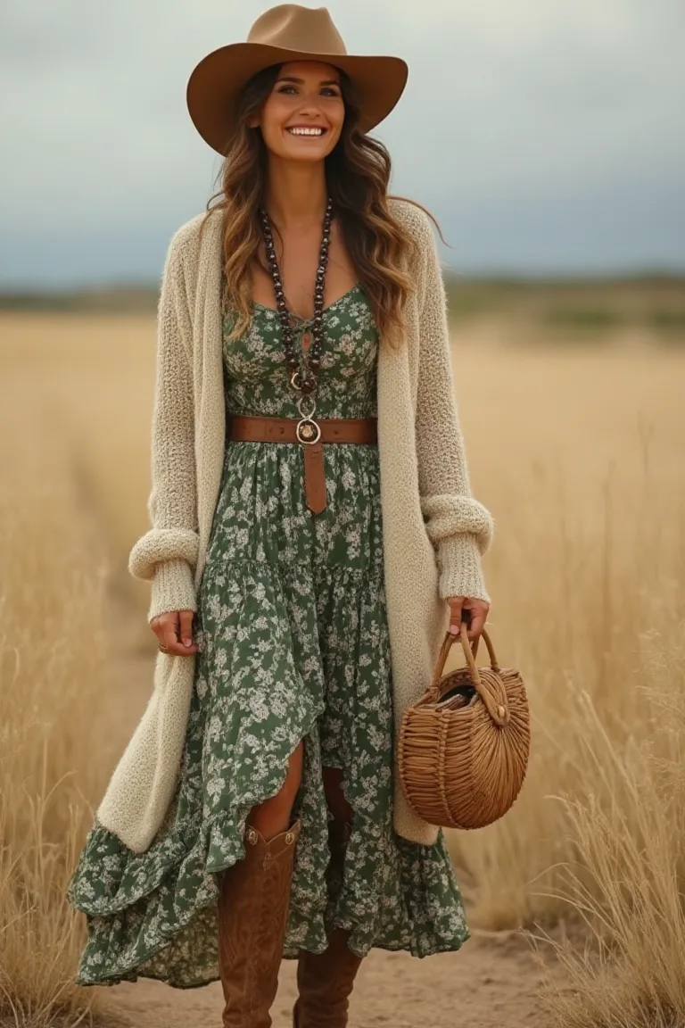 Green Floral Dress and Cowboy Boots Look