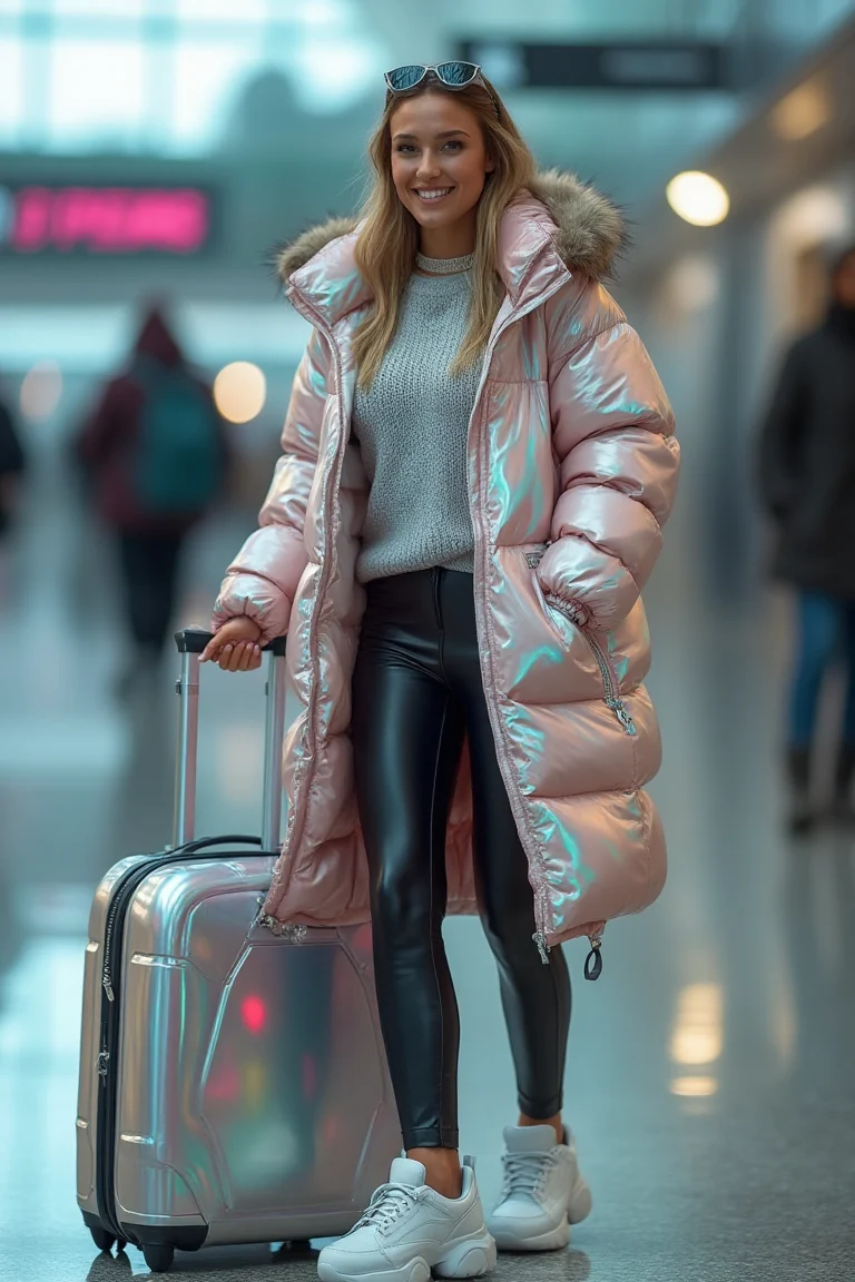 Iridescent Pink Winter Airport Outfit Radiance