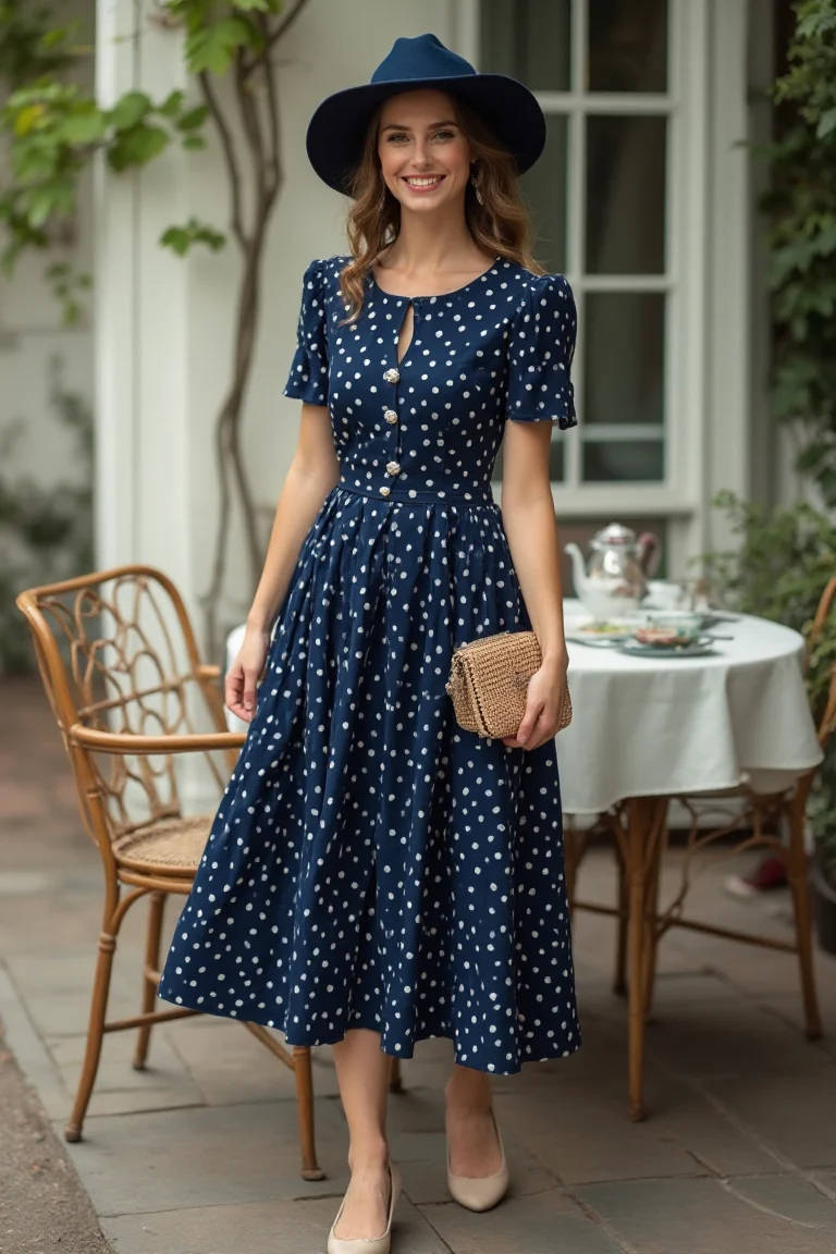 Navy Polka Dots Spring Casual Tea Party Outfit