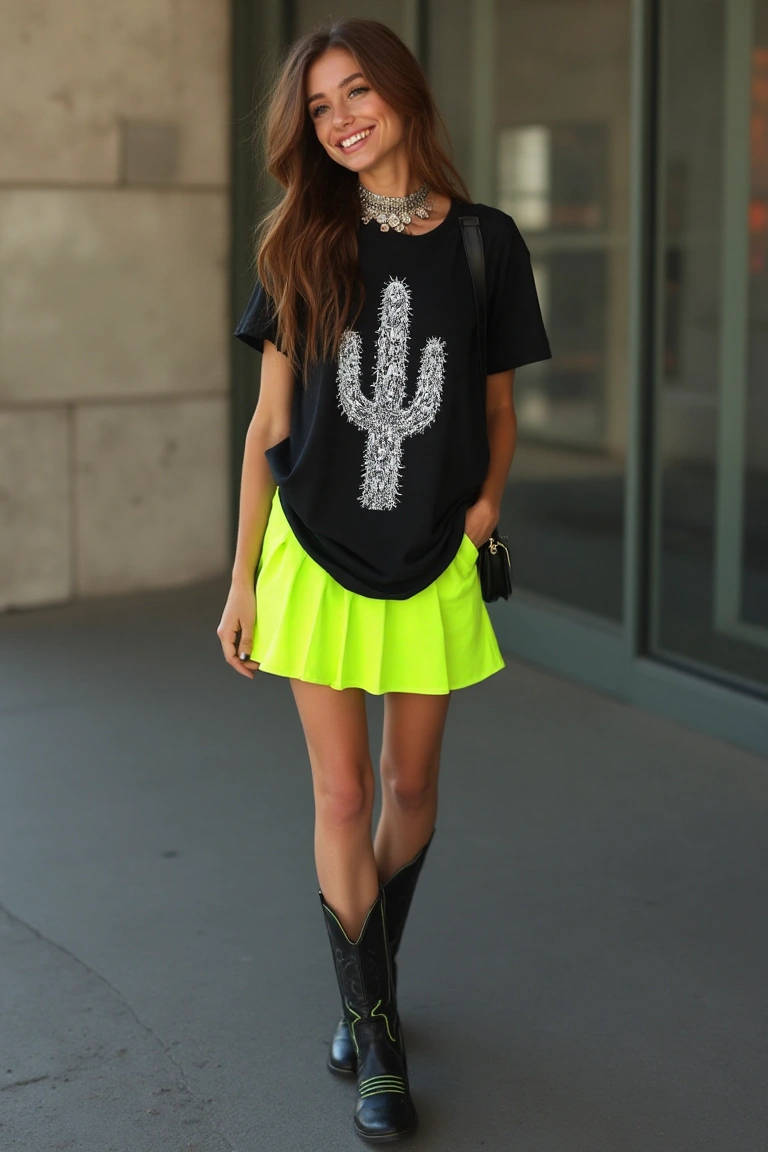 Neon Skirt and Cowboy Boots Urban Look