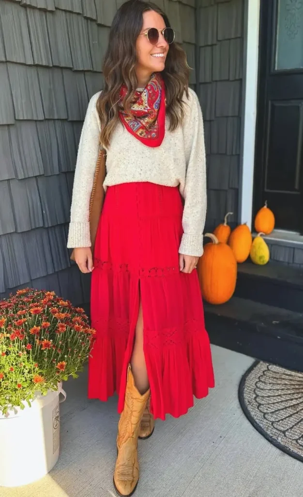 Red Skirt and Cowboy Boots Fall Outfit