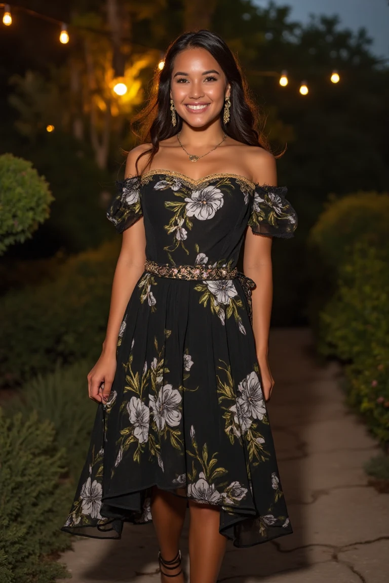 Summer Off-Shoulder Black Floral Dress Magic