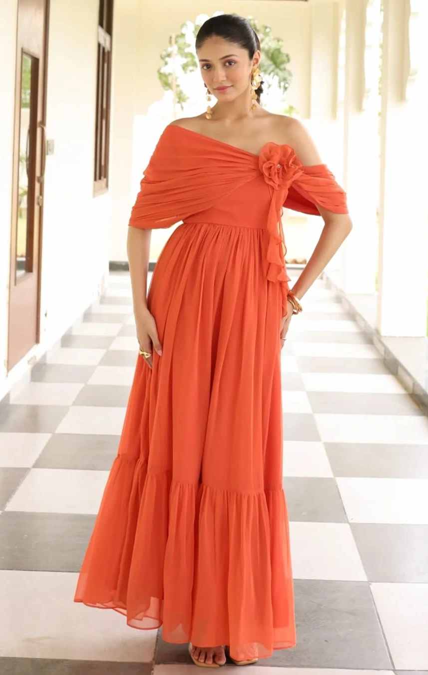 Summer Off-Shoulder Bold Coral Dress Elegance