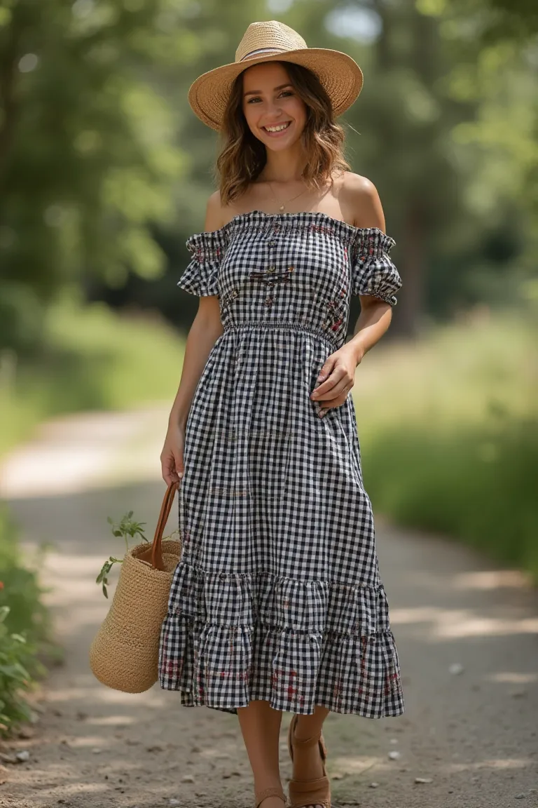 Summer Off-Shoulder Classic Checkered Dress