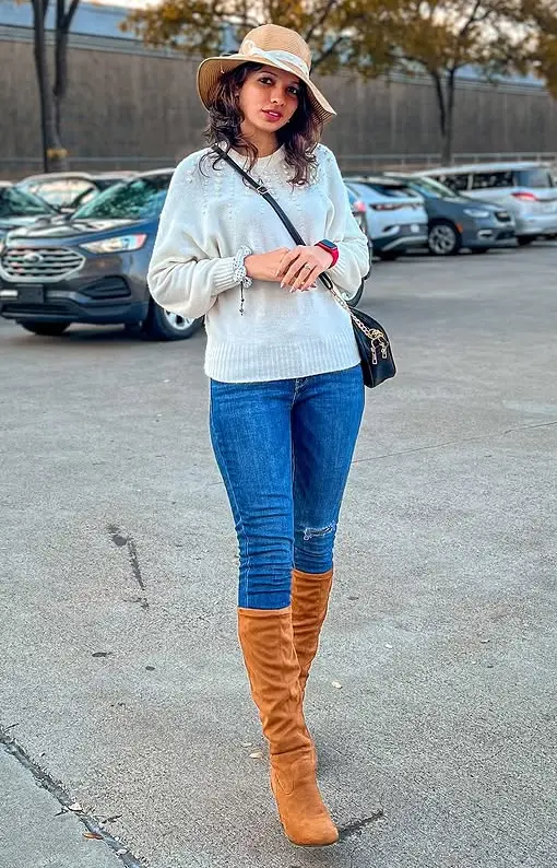 Tan Cowboy Boots and Denim Fall Outfit