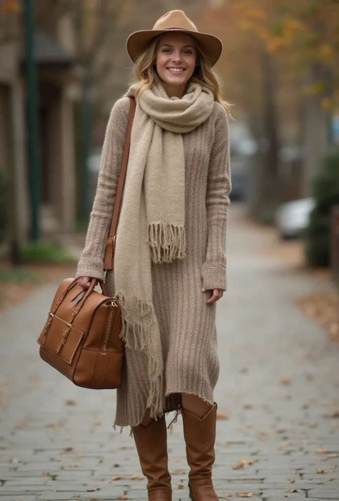 Taupe Dress and Cowboy Boots Fall Ensemble