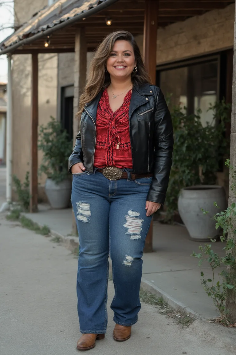 Edgy Red Ruggedness Plus Size Western Outfit