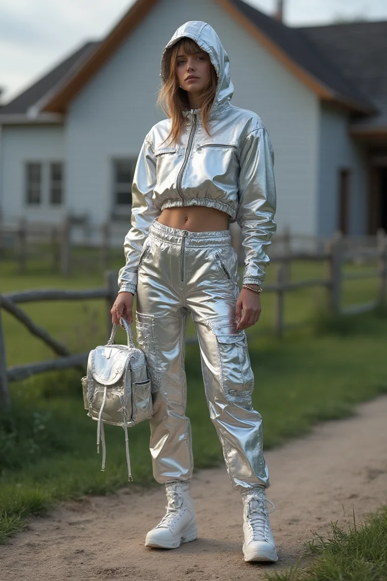 Futuristic Silver Cargo Pants Outdoor Outfit