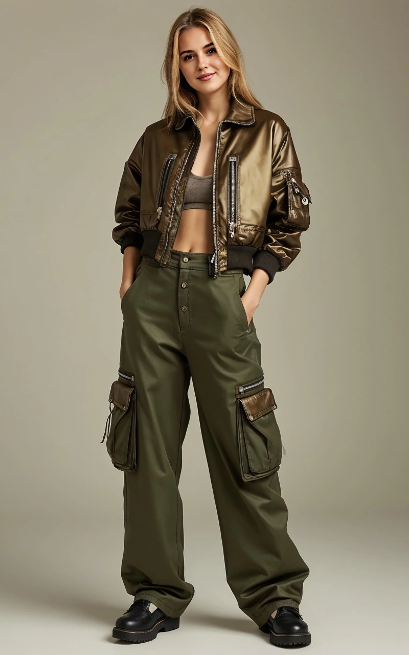 Metallic Olive Cargo Pants Seasonal Outfit