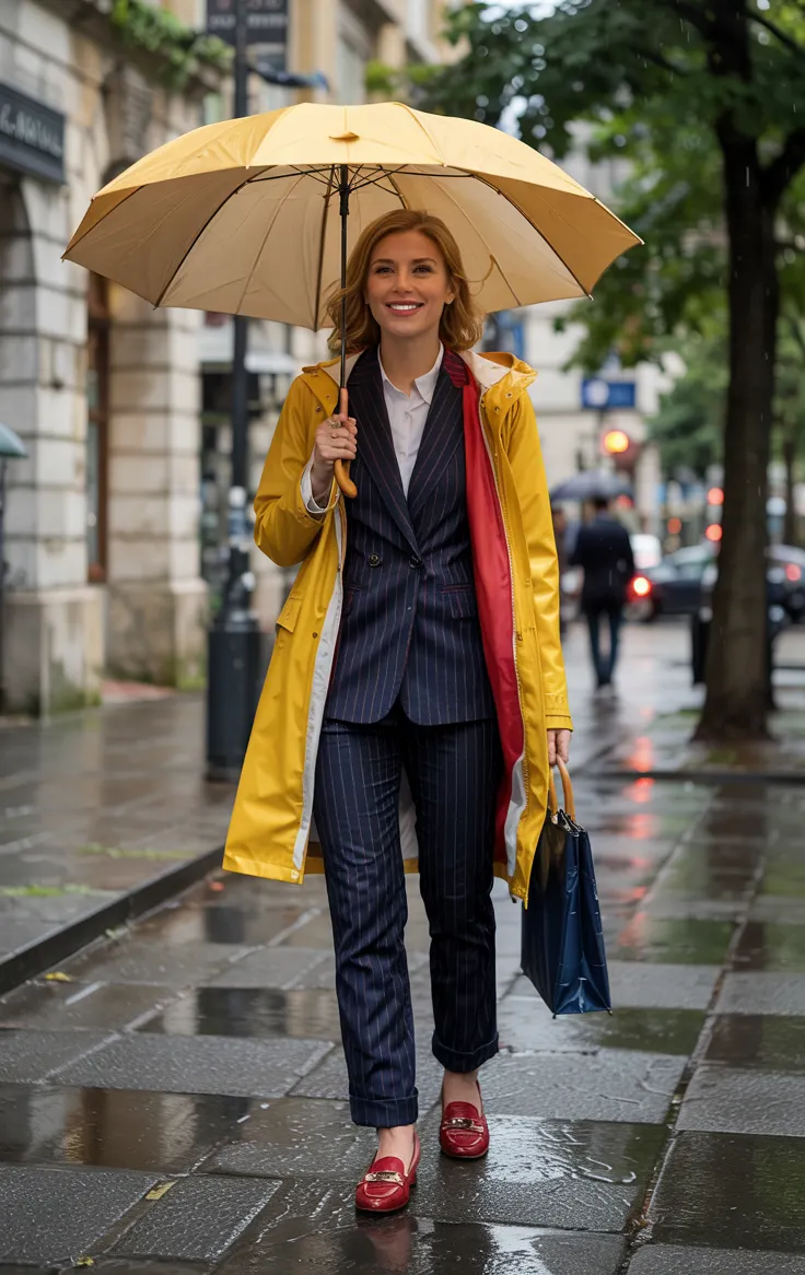 Bold Hues Rainy Day Work Outfits with Urban Flair