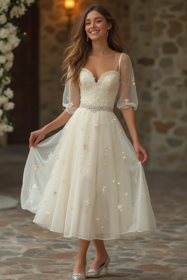 Shimmering Ivory Sparkle All-Season Midi Dress