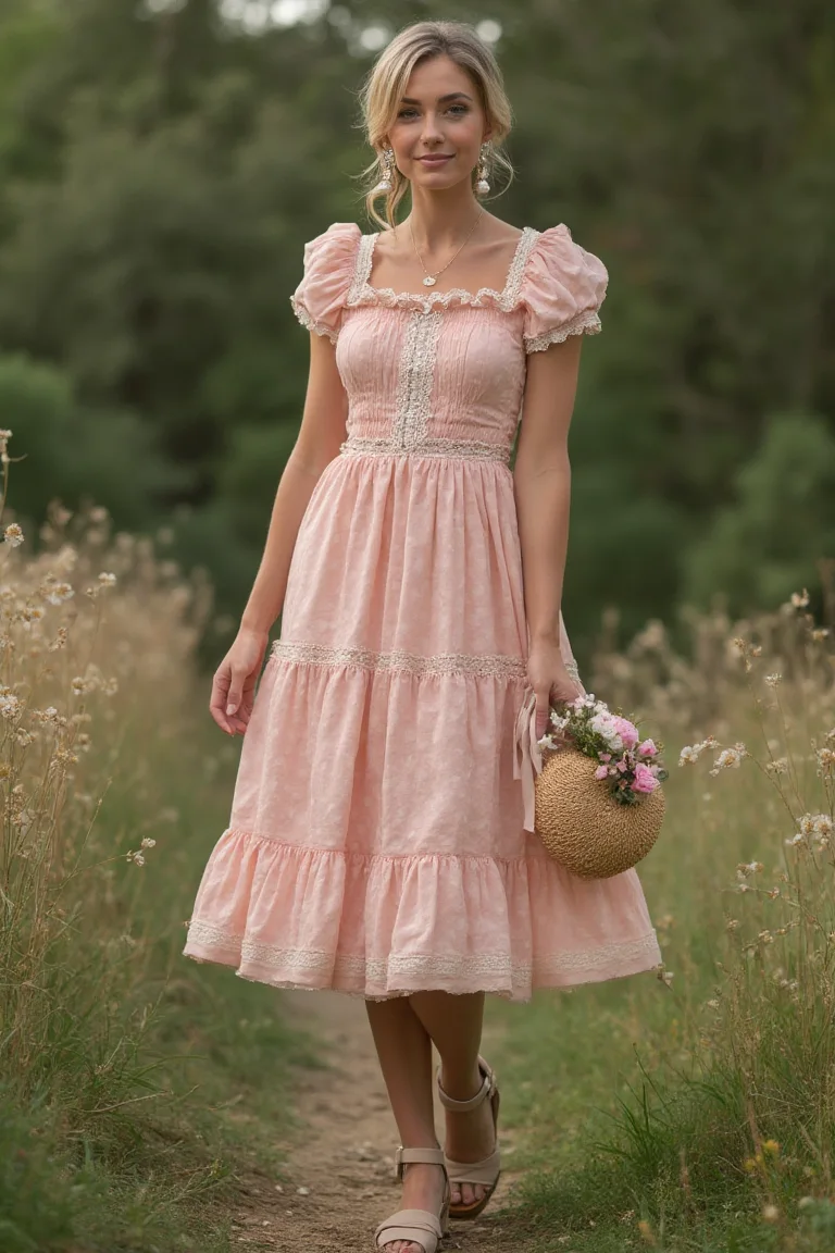 Soft Pink Lace Spring Midi Dress