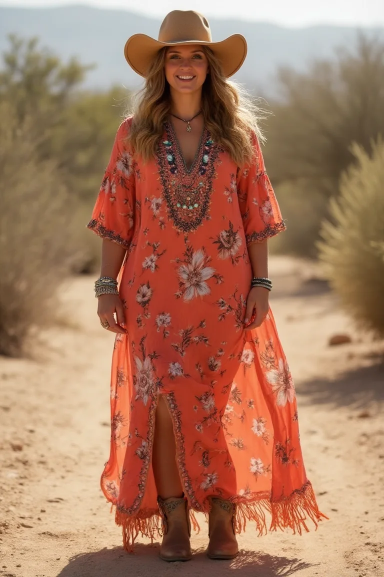 Vibrant Coral Bloom Plus Size Western Outfit
