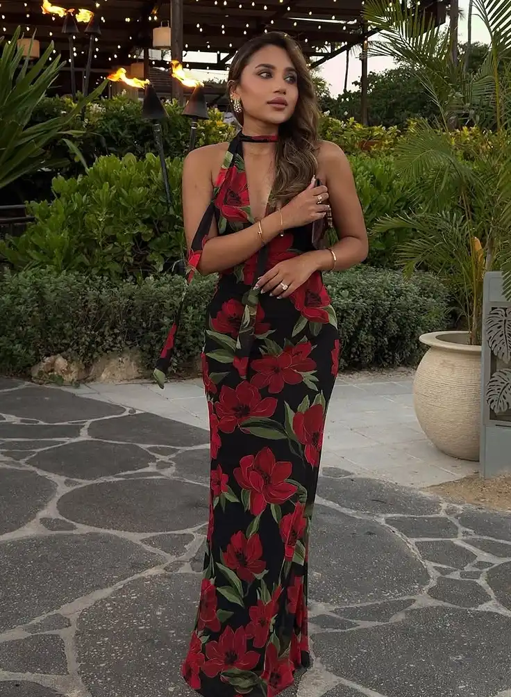 Vibrant Florals and Halter Elegance Summer Evening Outfit