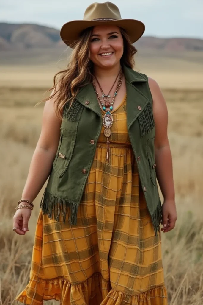 Warm Mustard Plaid Plus Size Western Outfit