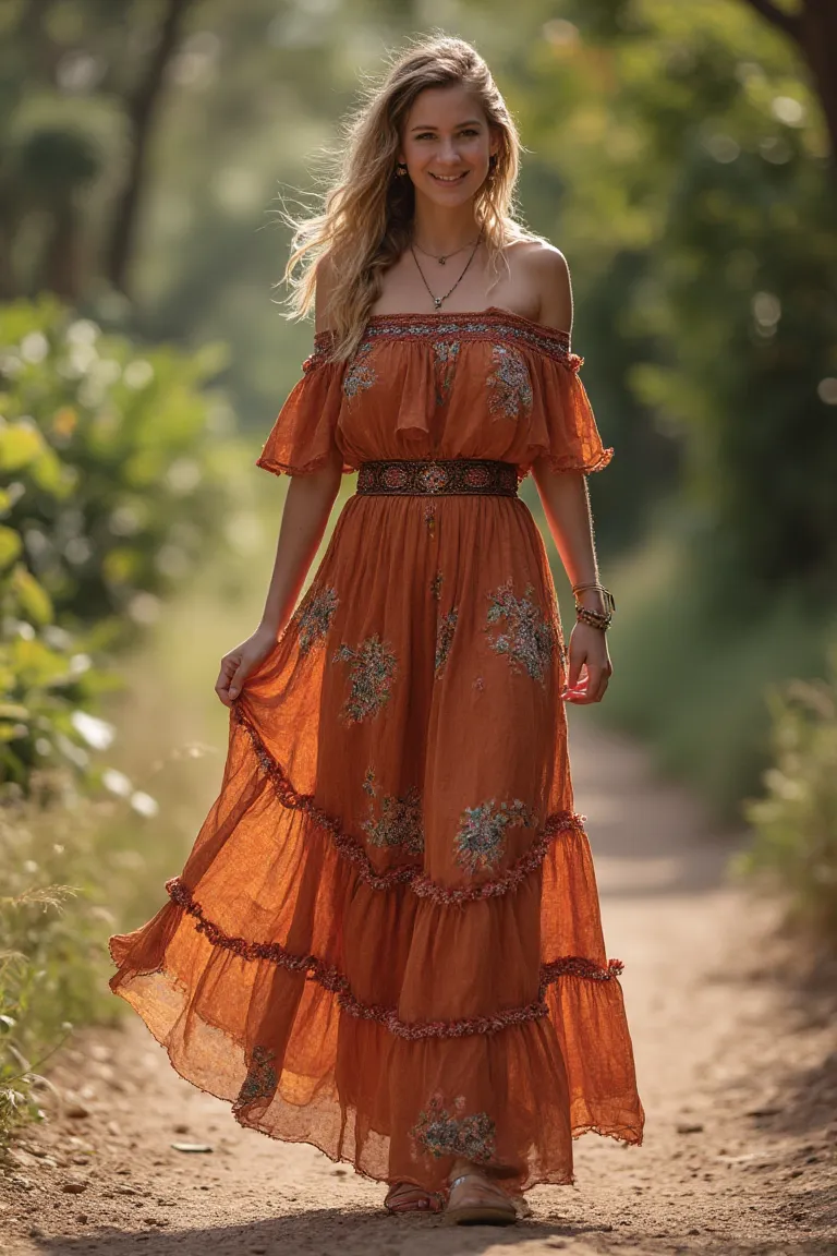 Warm Terracotta Embroidery Summer Maxi Dress