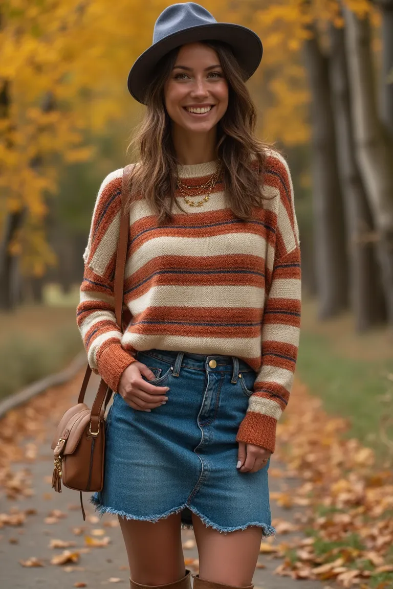 Autumn Stripes Retro Fashion Cozy Seasonal Outfit