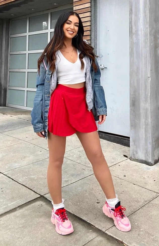 Bold Red Tennis Skirt Street Style