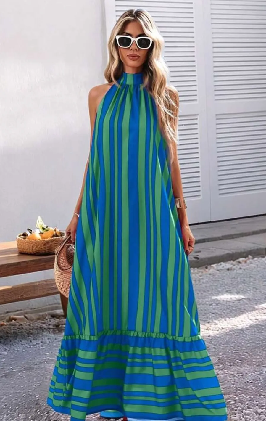 Bold Teal Stripes Boho Summer Outfit