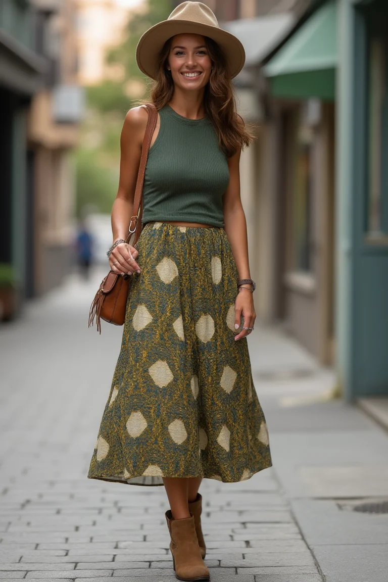 Earthy Olive Patterns Boho Summer Outfit