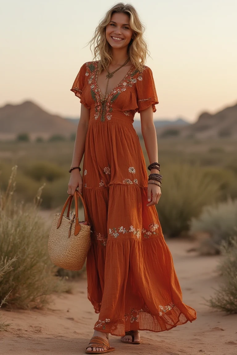Warm Terracotta Embroideries Boho Summer Outfit