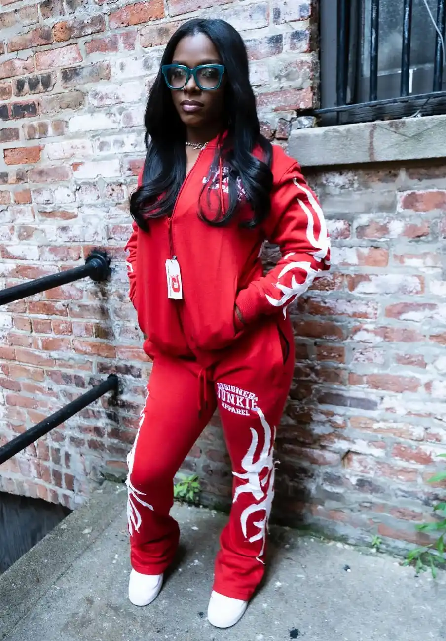 Bold Red and Street-Art Sweatsuit