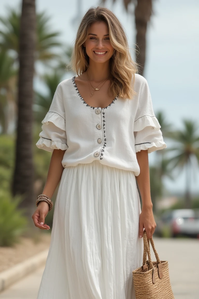 Breezy Ruffles White Linen Seasonal Outfit