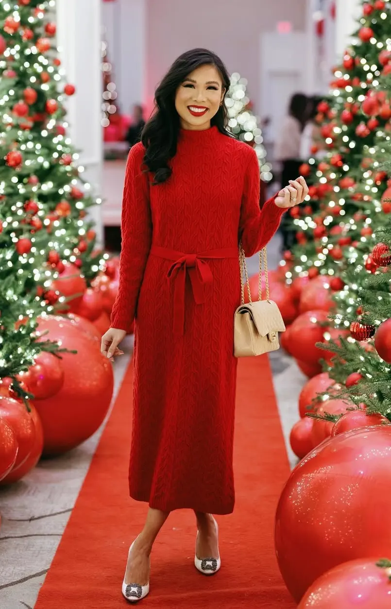 Cozy Crimson Knit Midi Holiday Party Outfit