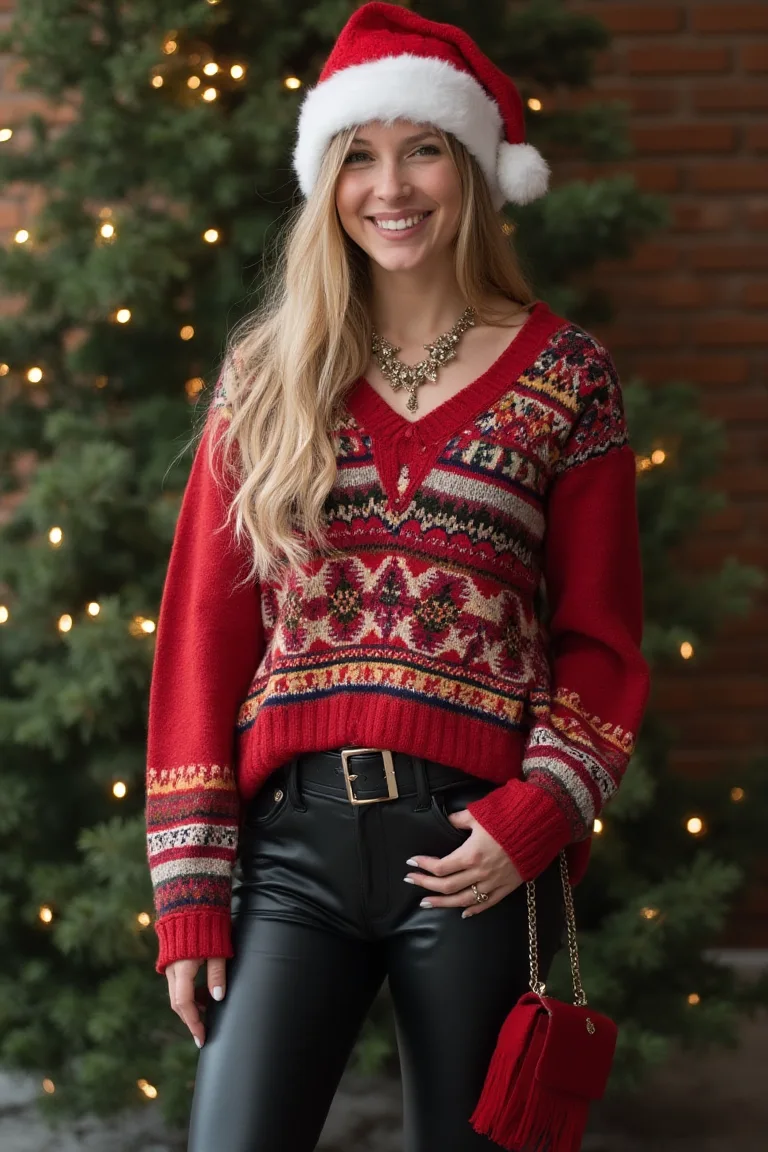 Festive Red Fair Isle Sweater Holiday Party Outfit
