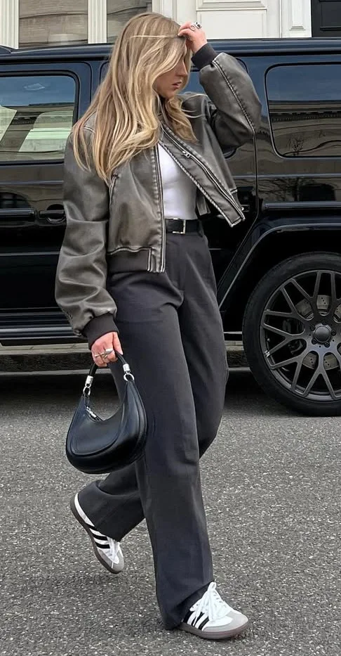 Grey Leather Bomber for City Streets