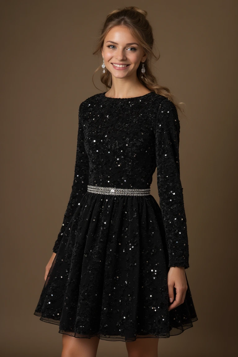 Midnight Sequin Black Glitter Holiday Party Dress